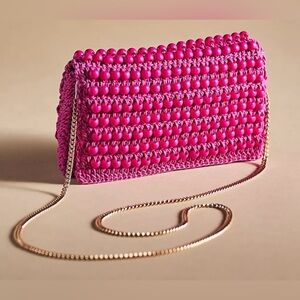 Anthropologie Hot Pink Beaded Shoulder Bag | Chain Strap Purse | Barbiecore
